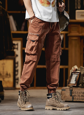 美式复古砖红色工装裤男2025新款潮牌休闲裤机能多口袋束脚伞兵裤