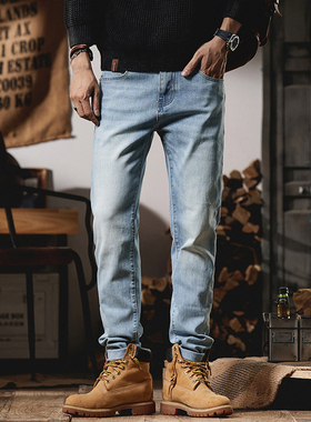 2026新款浅色牛仔裤男潮牌修身直筒浅蓝色磨白弹力百搭加绒长裤子