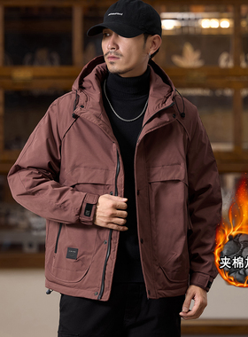 本命年红色二棉冲锋衣男冬季加棉加厚大码户外三防夹克棉服外套潮