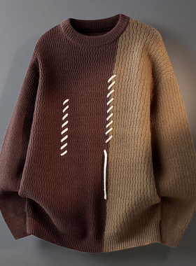 本命年红色拼接毛衣男秋冬季2025新款圆领保暖款针织衫宽松打底潮
