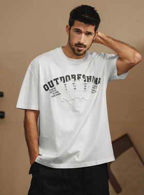 230克美式白色短袖t恤男夏季2025贴布绣宽松大码纯棉半袖体恤上衣