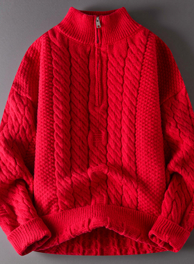 新年红色毛衣男半拉链高领针织衫男冬季加厚麻花编织毛线衣本命年