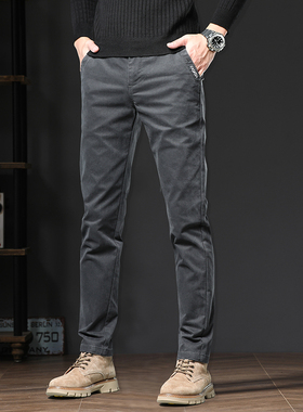 香港高端纯棉休闲裤男秋冬灰色商务修身弹力裤子男士裤子百搭长裤