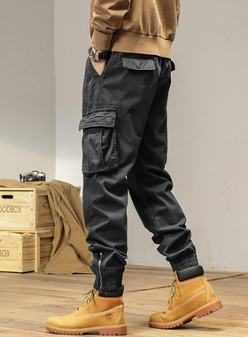 灰色加绒工装裤男款秋冬潮牌拉链机车多口袋休闲户外运动束脚裤子