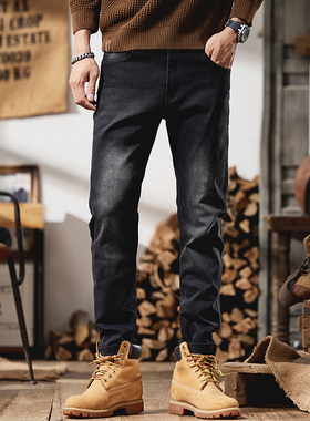 春季新款潮流复古水洗烟灰色微锥牛仔裤男修身直筒弹力小脚长裤子