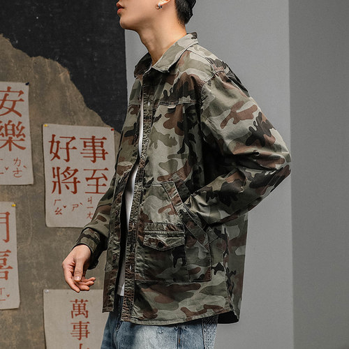 迷彩服春季工装牛仔衬衫男士长袖