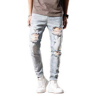 乞丐大破洞浅色牛仔裤男款秋冬韩版潮流修身小脚机车浅蓝九分裤子
