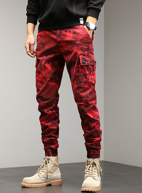 潮牌红色迷彩工装裤男潮牌户外宽松束脚美式休闲多口袋战术男裤子