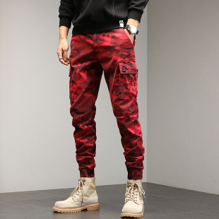 休闲多口袋战术男裤 男潮牌户外宽松束脚美式 子 裤 潮牌红色迷彩工装