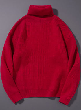 红色高领毛衣男士冬季加厚纯色针织衫韩版潮流宽松打底衫秋冬保暖
