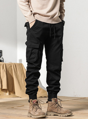 黑色加绒工装裤子男秋冬新款潮牌束脚多口袋休闲裤美式户外骑行裤