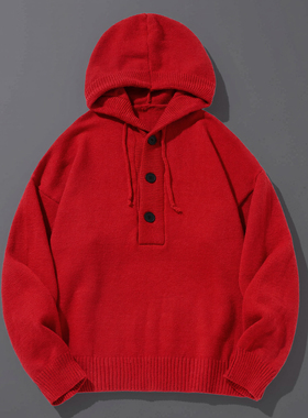 红色连帽毛衣男秋冬新款加厚保暖针织开衫本命年新年穿搭潮牌外套