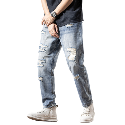乞丐大破洞浅色牛仔裤男款潮牌