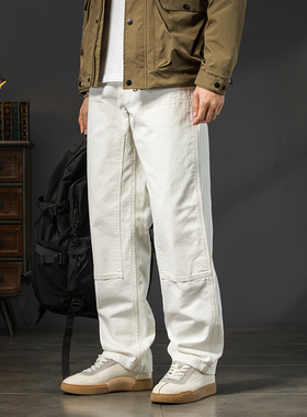 美式机能白色工装裤男2025新款秋季潮牌宽松直筒休闲户外伞兵长裤