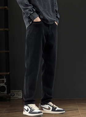 黑色不掉色加绒牛仔裤男生潮牌宽松直筒弹力百搭休闲长裤2025新款