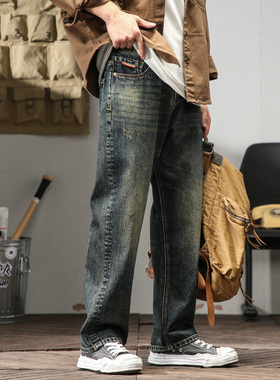 洛克烟斗秋冬直筒宽松牛仔裤男泥黄色复古高街韩版青年男生长裤潮