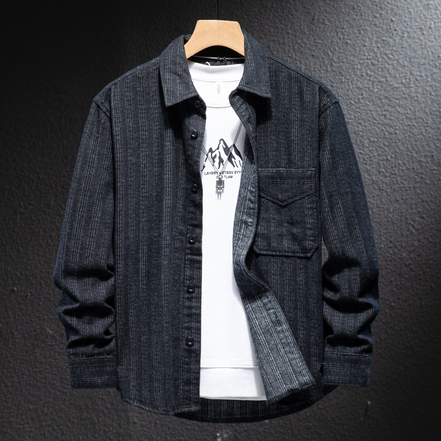 轻奢磨毛暗条纹仿牛仔衬衫男