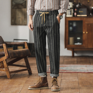 宽松直筒松紧腰男生九分裤 2025春季 男潮牌西裤 竖条纹休闲裤 子 新款