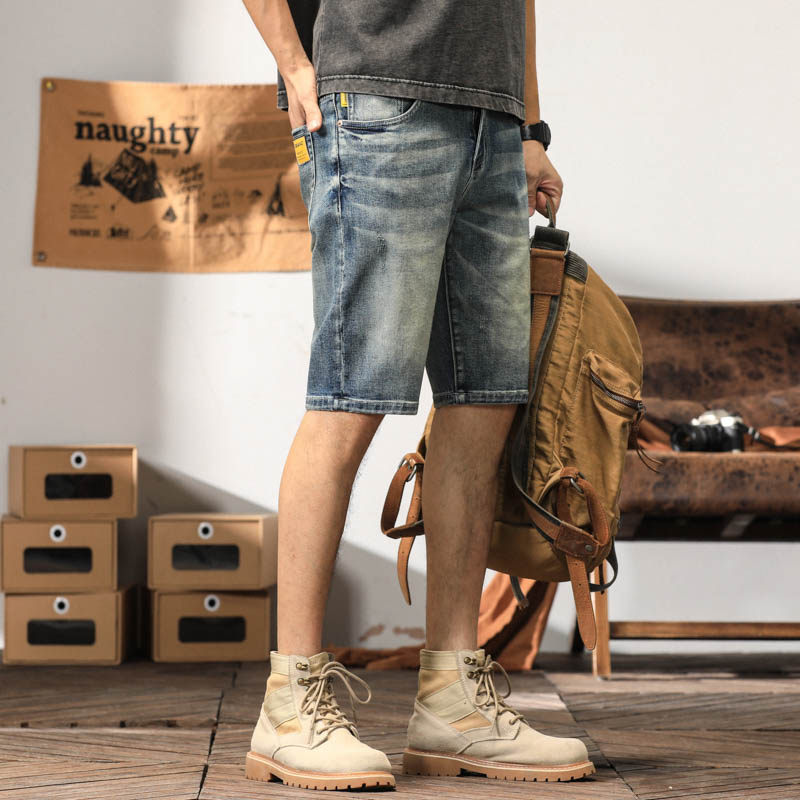 美式复古牛仔短裤男夏天宽松大码五分裤潮ins高街新塘中裤薄马裤