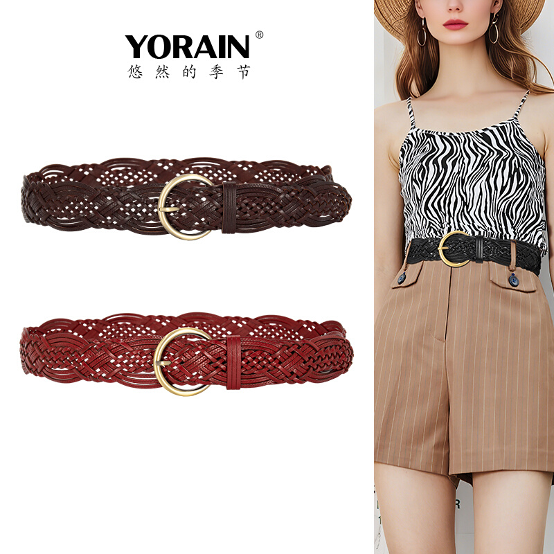 精致压花手工编织镂空时尚腰带女