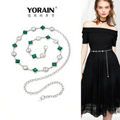 新款 女士镶钻金属腰链高级感银色绿色配裙子连衣裙裤 子水钻链条潮