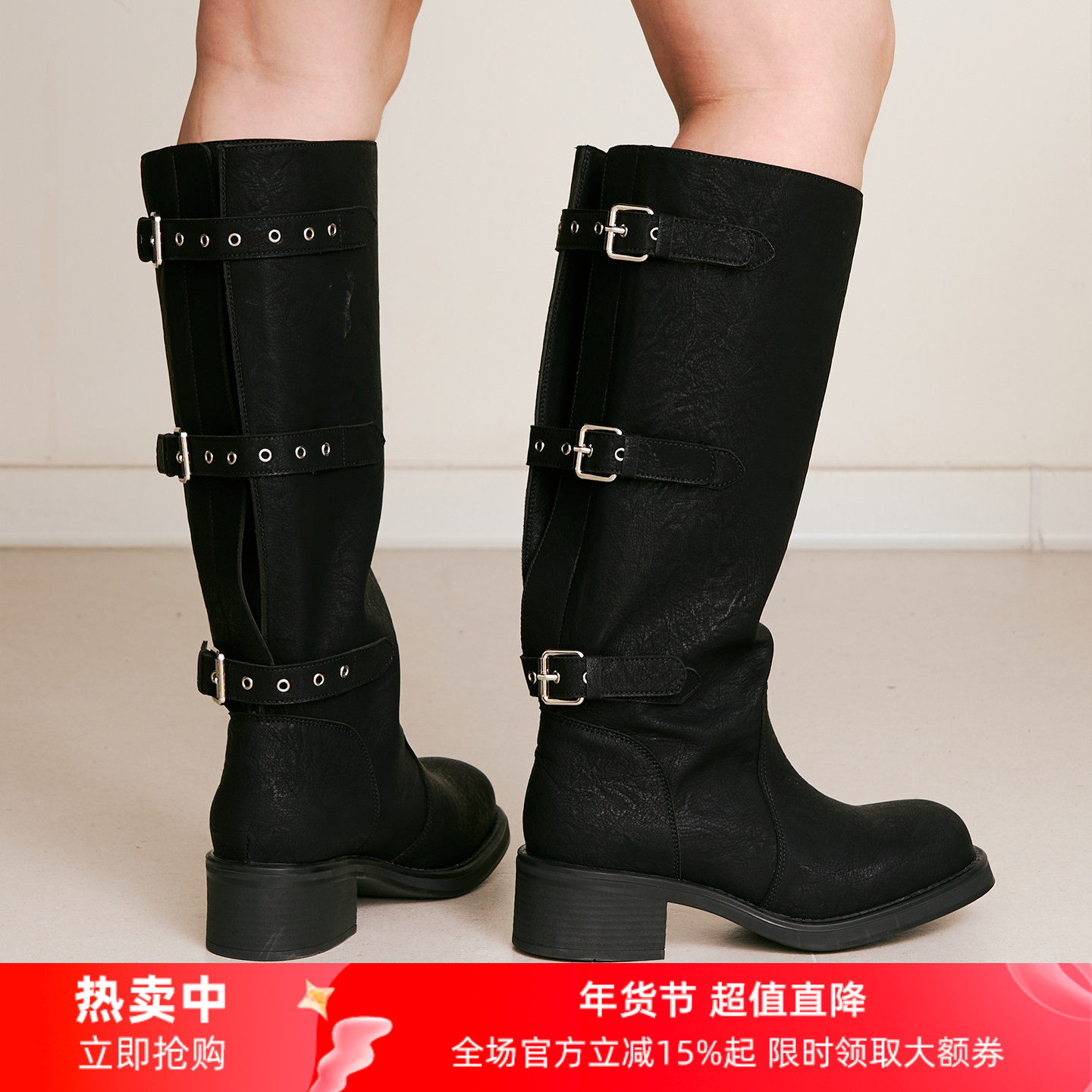 【新品折扣】littlegood复古骑士靴女2025冬季新款百搭皮带扣酷飒,女鞋,骑士靴,淘宝优惠券,粉丝福利购,淘宝优惠卷