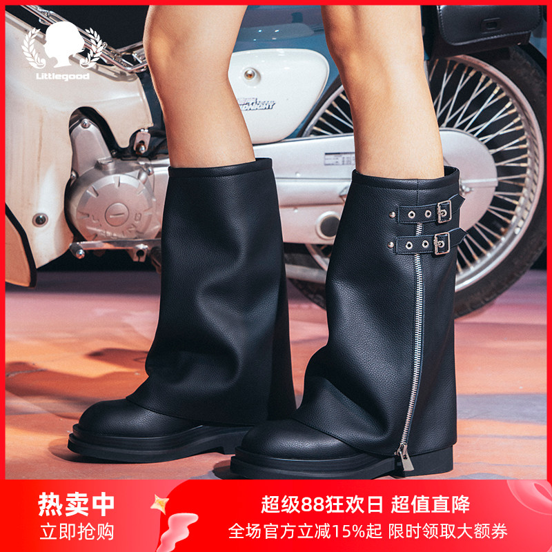 littlegood甜酷机车靴女新款设计感裤筒靴百搭潮酷中筒马丁靴