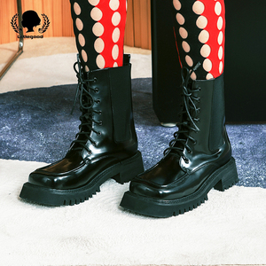 littlegood英伦风方头马丁靴女2023新款复古短靴学院风机车靴百搭