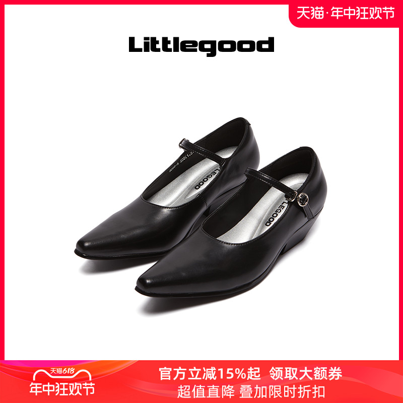 【新品】littlgood少女尖头小皮鞋女2024新款百搭中跟浅口小单鞋