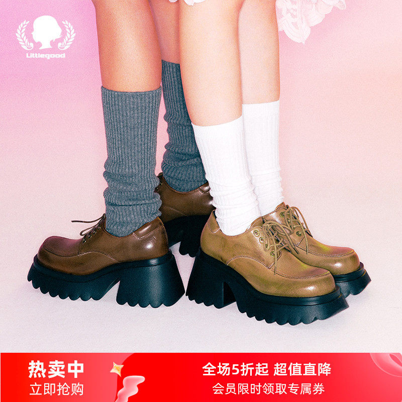 littlegood复古风小皮鞋女新款百搭做旧厚底擦色小单鞋