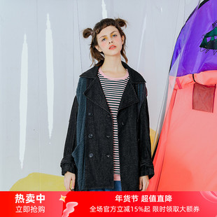 little good学院风双排扣翻领风衣女中长款宽松深灰色外套