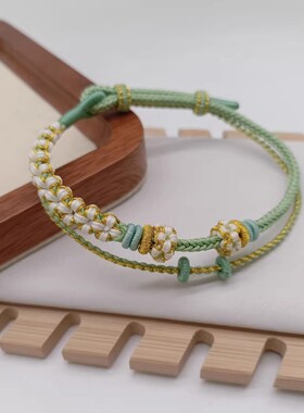 手工编织8股双层豆绿可穿珠手绳桃花结DIY可串黄金手链女原创简约