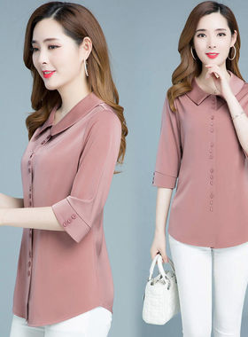 2025春新款中年妈妈装衬衫女小衫洋气大码遮肚中袖上衣四十岁衬衣