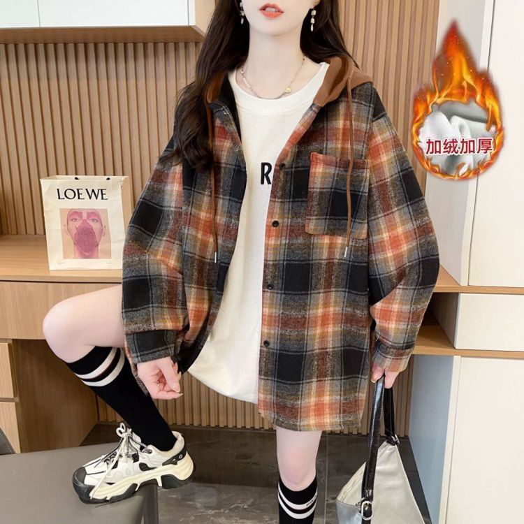 oversize加绒加厚连帽外套女小众撞色格子洋气宽松中长款百搭帽衫