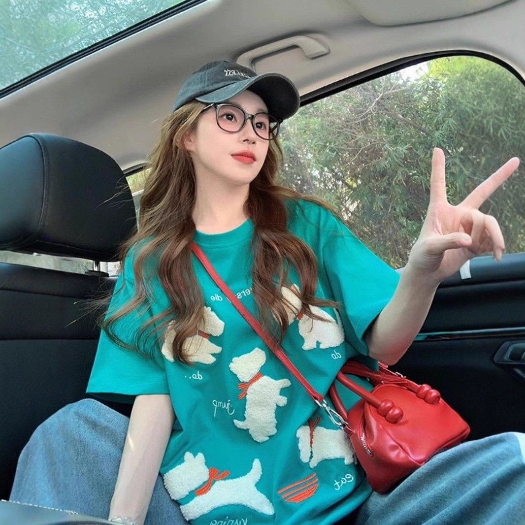 chic韩版小狗绣花纯棉T恤女小众绝美刺绣拼接减龄中长款休闲上衣