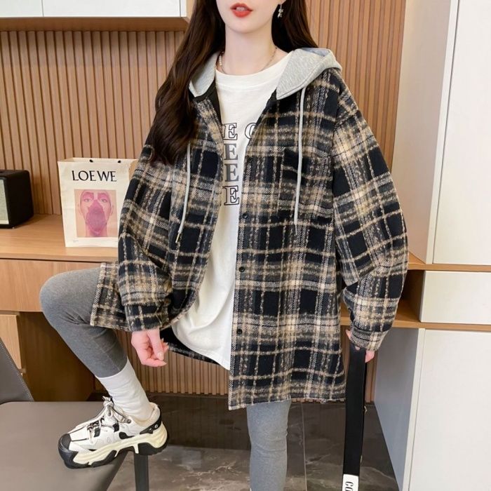个性重工拼色连帽加绒加厚外套女时尚格子拼接宽松洋气中长款帽衫