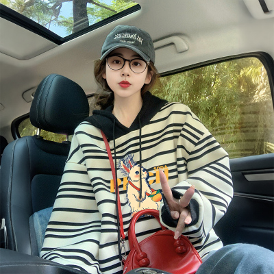 设计感拼色条纹薄款连帽卫衣女