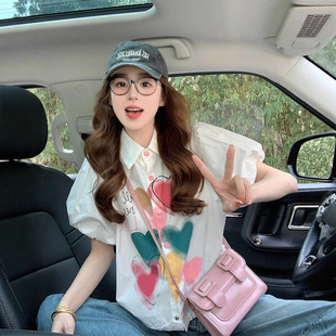 法式彩色爱心印花纯棉衬衫女2025新款夏季减龄白色正肩泡泡袖上衣