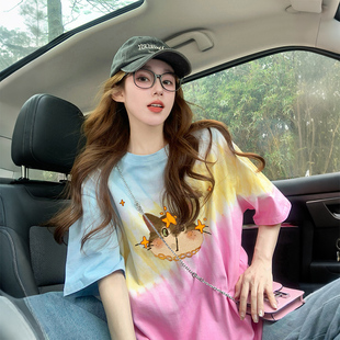显瘦上衣 高级感撞色扎染纯棉T恤女可爱风卡通猫咪涂鸦宽松中长款