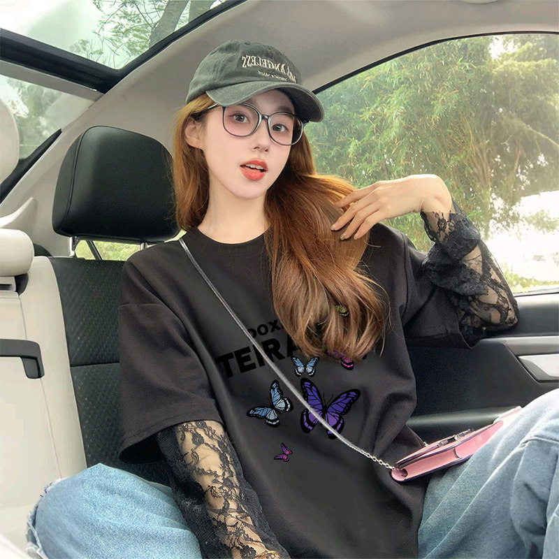 2025纯棉蕾丝拼接防晒t恤女高级感蝴蝶印花假两件宽松遮肚子上衣