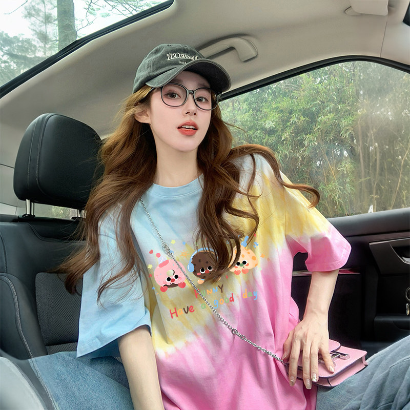 多巴胺彩色扎染纯棉宽松t恤女盐系卡通涂鸦减龄中长款显瘦上衣潮