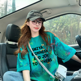 纯棉多巴胺彩色扎染宽松t恤女慵懒风洋气字母中长款百搭显瘦上衣