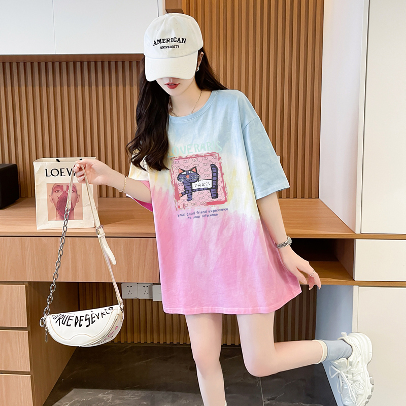 ins韩系卡通涂鸦纯棉T恤女设计感渐变色晕染减龄宽松时尚百搭上衣
