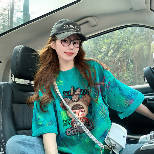 纯棉小众撞色扎染宽松T恤女