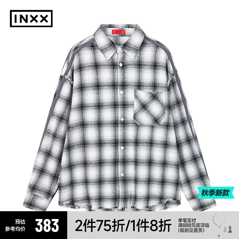 【INXX】个性渐变撞色格子衬衫男时尚宽松bf风休闲衬衣女情侣装