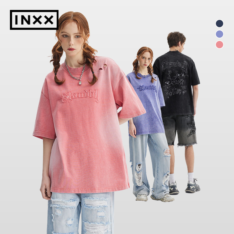 【INXX】Standby 复古做旧斑驳感短袖男破洞旧化贴布绣宽松T恤潮