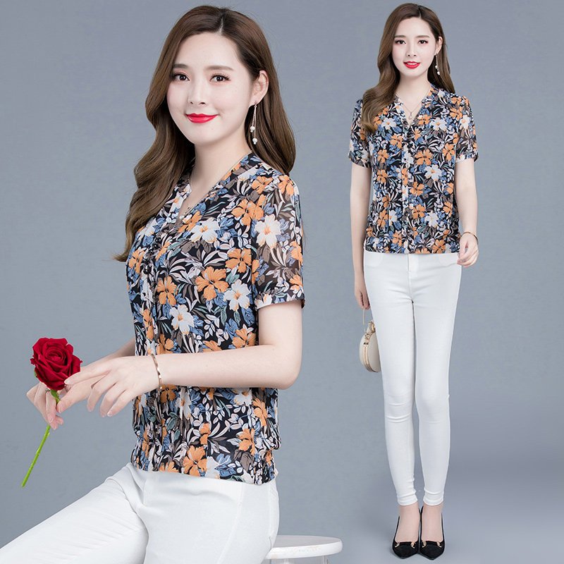 中老年女装夏装新款T恤女碎花小衫妈妈装短袖上衣大码宽松打底衫