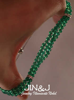 怦然心动绿色小米珠天然玉髓玛瑙纯银镶钻手链66多层手链国风手链