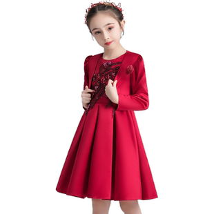 儿童演出服女童舞蹈裙小学生红色主持人礼服演讲朗诵元旦表演服装