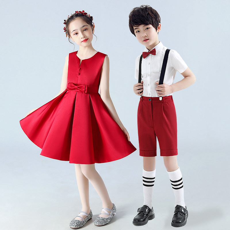 儿童演出服小学生大合唱女童礼服舞蹈裙六一红色演讲朗诵表演服装